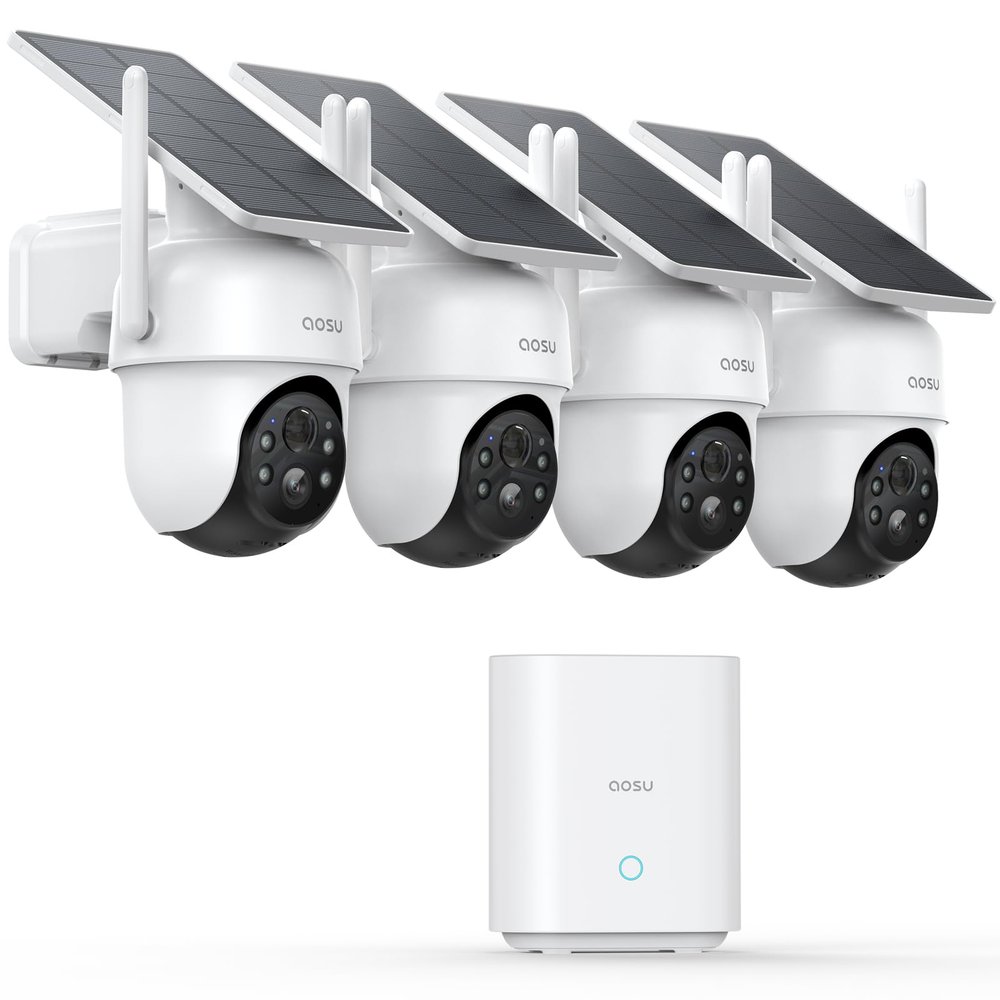 aosu Security Cameras Outdoor Wireless, 4 Cam-Kit, No Subscription, Solar-Powered, Home Security Cameras System with 360 Pan & Tilt, Auto Tracking, 2K Color Night Vision, Easy Setup, 2.4 & 5GHz WiFi