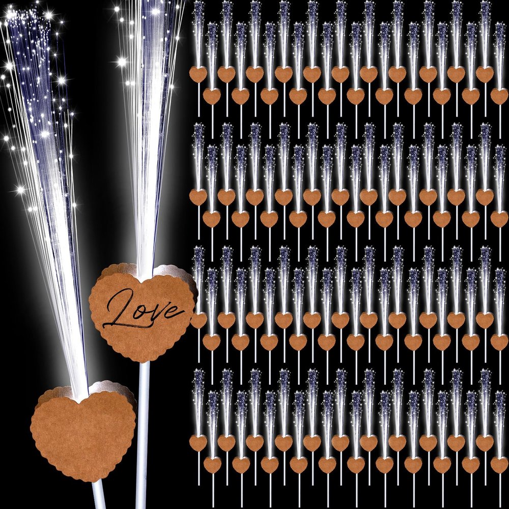 Tujoe 100 Pcs LED Wedding Sparklers Glow Sticks with Heart Shape Long Fiber Optic Wands with 3 Light Modes for Reception Valentine Proposal Carnival Birthday Party Supplies Dance Floor Props (Brown)