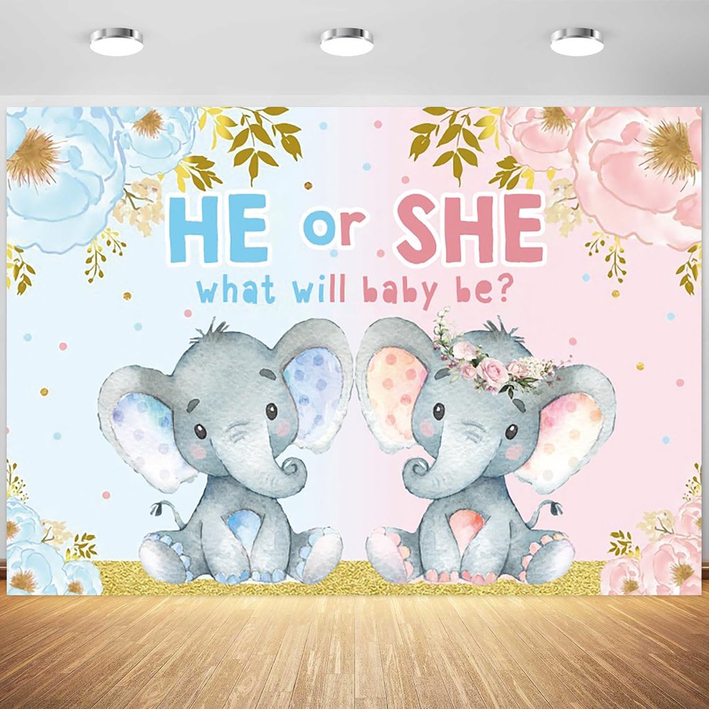 12x8ft Elephant Gender Reveal Backdrop He or She What Will Baby Be Photography Background Boy or Girl Gender Reveal Party Banner Decorations Supplies Photo Booth Props