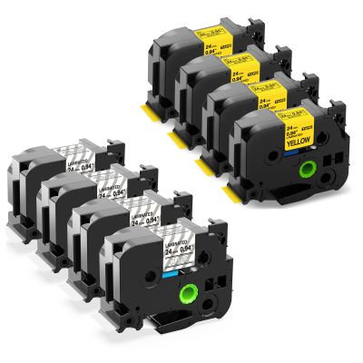 24mm Label Tape Compatible with Brother P Touch TZ Tape 24mm 0.94 Laminated Label Tape, 4 Pack TZe-155 White on Clear Tape and 4 Pack TZe-651 Black on Yellow Tape, 0.94'' 1 Inch Tape, Total 8-Pack