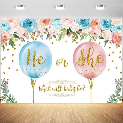 12x8ft Gender Reveal Backdrop He or She Pink or Blue Flowers Photography Background Boy or Girl What Will Baby Be Banner Decorations Party Supplies Photo Booth Props