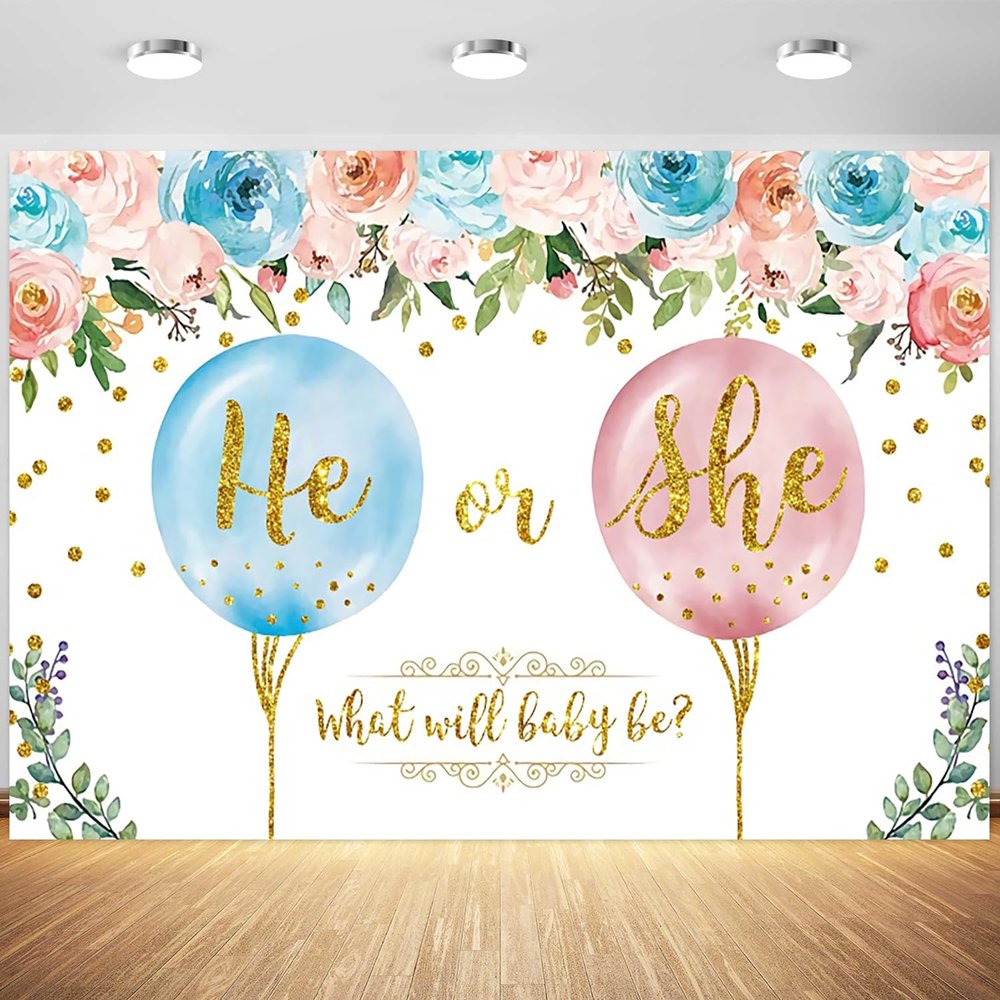 12x8ft Gender Reveal Backdrop He or She Pink or Blue Flowers Photography Background Boy or Girl What Will Baby Be Banner Decorations Party Supplies Photo Booth Props