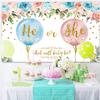 12x8ft Gender Reveal Backdrop He or She Pink or Blue Flowers Photography Background Boy or Girl What Will Baby Be Banner Decorations Party Supplies Photo Booth Props view 3
