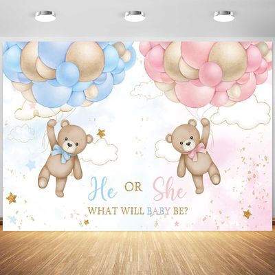 10x8ft Bear Gender Reveal Backdrop Baby Boy or Girl Pink or Blue Balloons Photography Background What Will Baby Be Banner Decorations Party Supplies Photo Booth Props