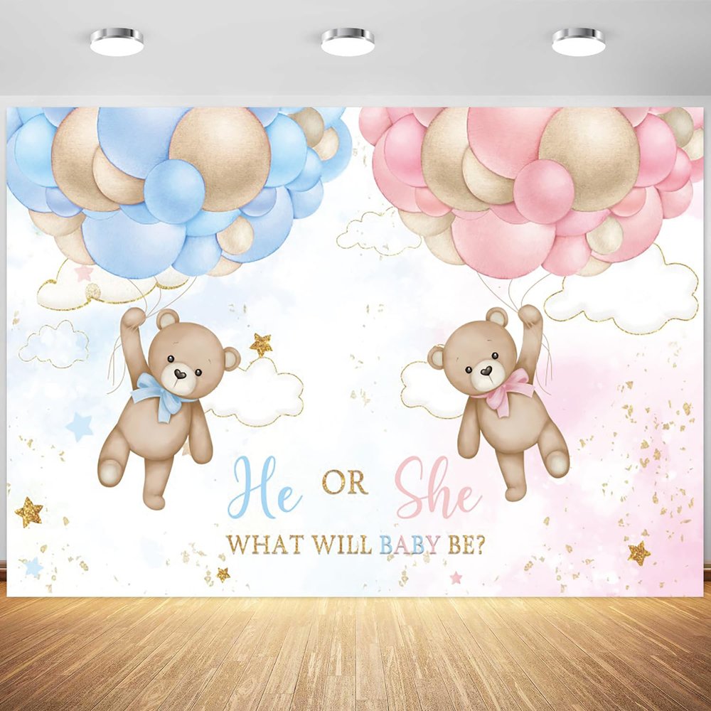 10x8ft Bear Gender Reveal Backdrop Baby Boy or Girl Pink or Blue Balloons Photography Background What Will Baby Be Banner Decorations Party Supplies Photo Booth Props