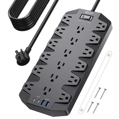 18 Widely Outlets Power Strip, SUPERDANNY Surge Protector with 4 USB Ports, 15FT Flat Plug Heavy Duty Extension Cord, 2100J, 1875W/15A, Wall Mount Holes for Home, Office, Dorm, Black