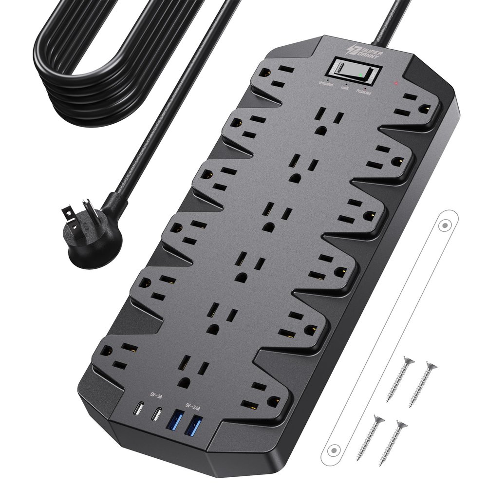 18 Widely Outlets Power Strip, SUPERDANNY Surge Protector with 4 USB Ports, 15FT Flat Plug Heavy Duty Extension Cord, 2100J, 1875W/15A, Wall Mount Holes for Home, Office, Dorm, Black