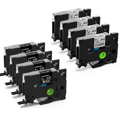 4 Clear + 4 Black 9mm Label Tape Compatible Brother Ptouch TZe-121 Black on Clear Bundle with TZe-325 White on Black for P Touch PT-D210 PTH110 PT-D220 PTD600 Label Maker
