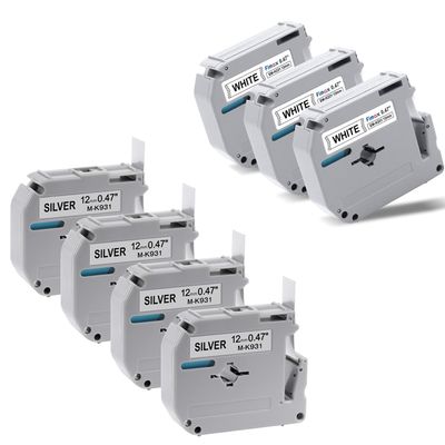 7 Pack Compatible M Tape for Brother P Touch Label Maker Tape 12mm 0.47 Inch, Black on White, Black on Silver