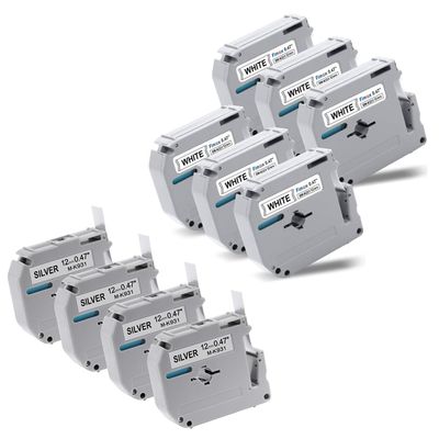 10 Pack Compatible M Tape for Brother P Touch Label Maker Tape 12mm 0.47 Inch, Black on White, Black on Silver