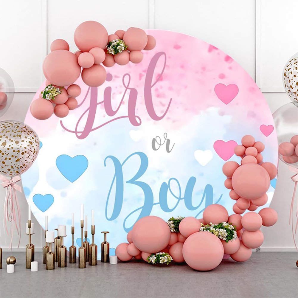 YongFoto Boy or Girl Gender Reveal Round Backdrop Cover 5ft Loving Heart Pink Blue Photography Background He or She Pregnancy Reveal Welcome New Baby on The Way Party Banner Photoshoot Props