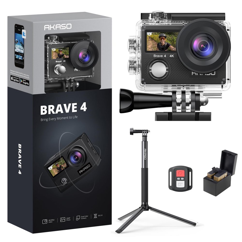 AKASO Brave 4 Action Camera with a 1.2M Selfie Stick and a Tripod Bundle