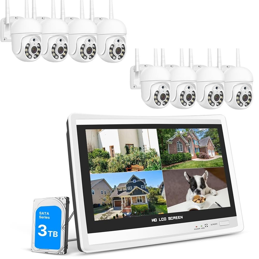 BUTXET 8CH Security Camera System Wireless with 12 Inch LCD Monitor, 8Pcs 3MP Outdoor Indoor PTZ Cameras with Two-Way Audio, Full Color Night Vision, Waterproof, Human AI Atuo Tracking, 3TB HDD
