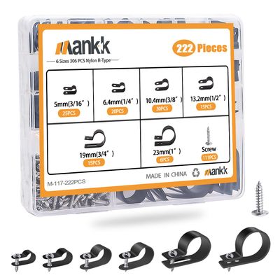 mankk 222 Pcs Nylon Plastic R-Type Cable Clips 6 Sizes and 100PCS 1/4 Inch Rope Light Clips P-Style Mounting Clips Plastic Cable Clamps