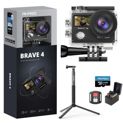 AKASO Brave 4 Action Camera with 64GB MicroSDXC Memory Card and 1.2M Selfie Stick and a Tripod Bundle