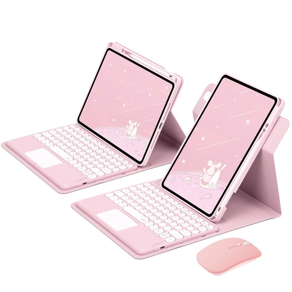 720 Rotating Keyboard Case for for iPad 9th 8th 7th Generation 10.2-inch 2021/2020/2018, iPad Air 3 2019, 2017, iPad Pro 10.5-inch Detachable Clear Back Cover with Touchpad Wireless Mouse (Pink)