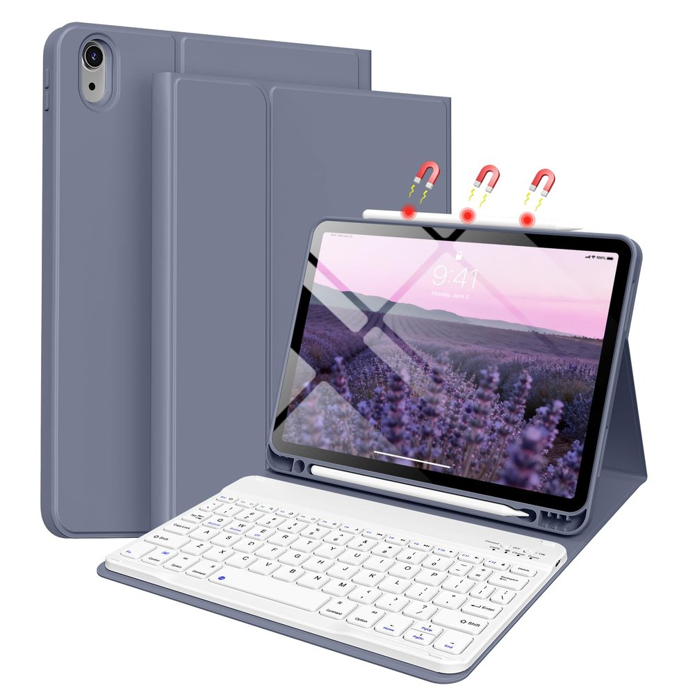 BQDIYOO Case for iPad Air 7th/6th 11-inch M3/M2 (2025/2024) & 10.9 inch Air 5th 4th Gen with Keyboard 2022 2020, Detachable Wireless Keyboard Cover with Pencil Holder, Auto Sleep/Wake, Purple