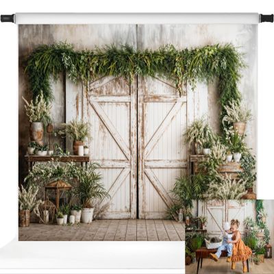 Kate Easter Backdrop Spring Barn Door Photography Background Green Plants Easter Photo Backdrop, 106.5ft