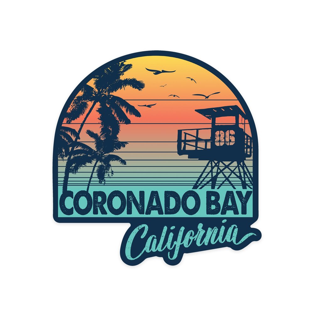 Die Cut Sticker Coronado Bay, California, Sunset Stripes, Palm and Lifeguard Booth, Vinyl Sticker, (Waterproof Decal for Cars, Water Bottles, Laptops, Coolers), Large