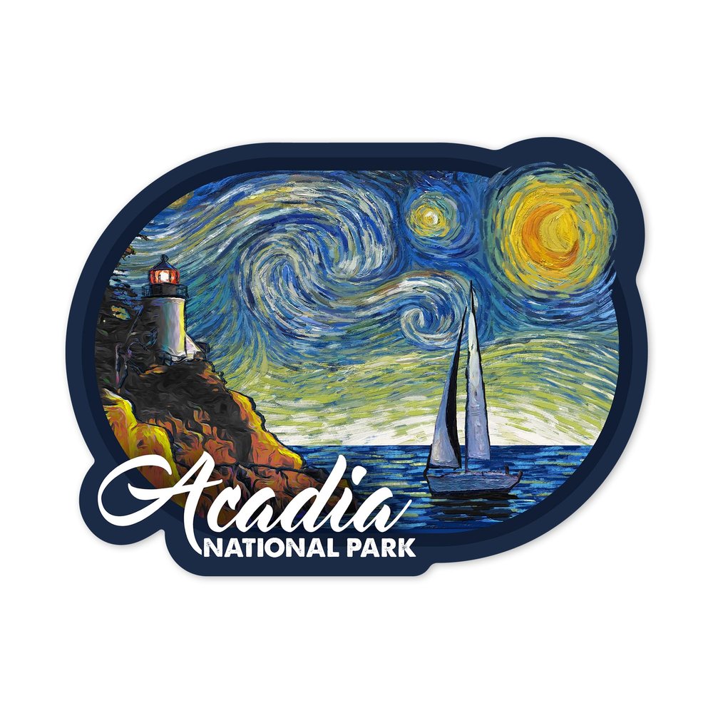Lantern Press Sticker Acadia National Park, Maine, Bass Harbor Lighthouse, Starry Night, Die Cut Vinyl, (Waterproof Decal for Cars, Water Bottles, Laptops, Coolers), Small