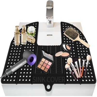 Bathroom Sink Cover for Counter Space, Silicone Foldable Sink Cover Convenient for Bathroom Makeup and Wash Up, Extra Bathroom Counter Space Mat for Organizer Hot Tools and Makeup Tools (Black)