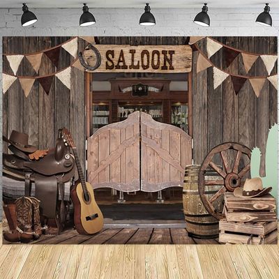 12x8ft Western Backdrop Retro Bar Saloon Wood Door Photography Background Cowboy Birthday Baby Shower Wild West Party Banner Decorations Supplies Photo Booth Props