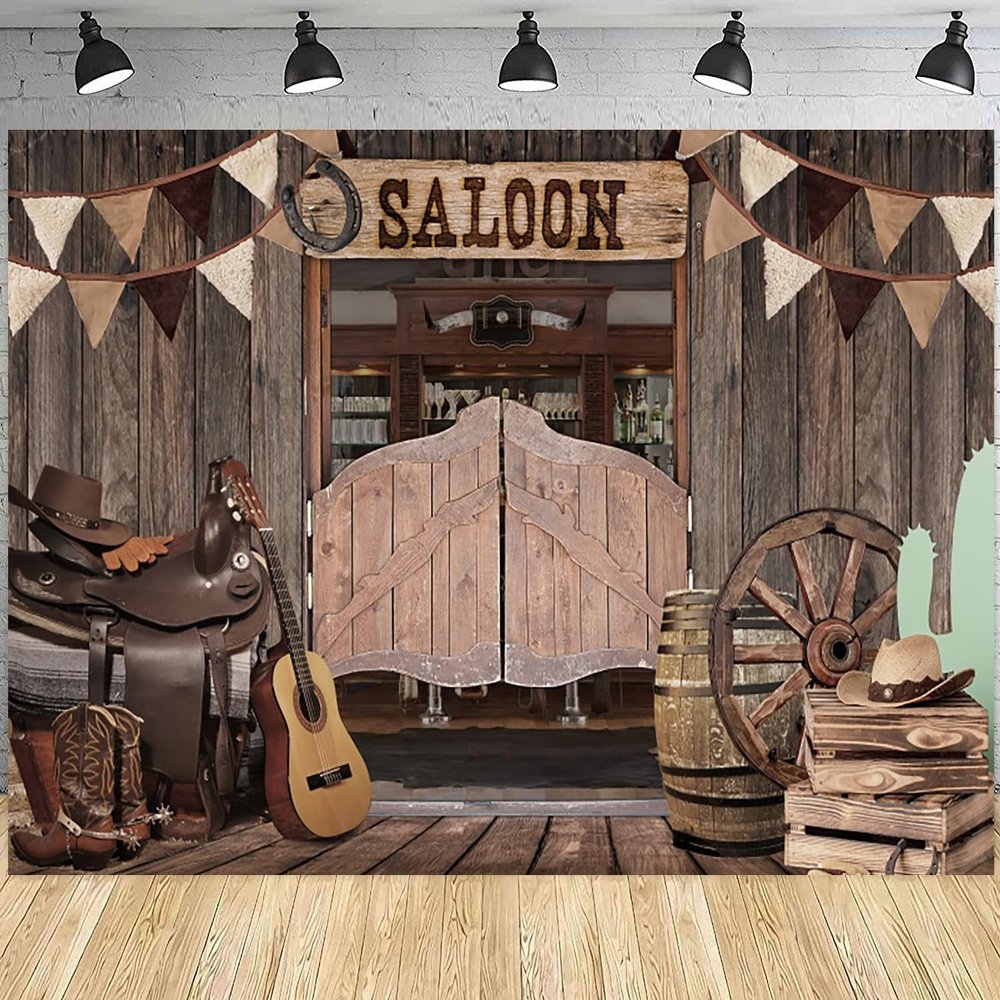 12x8ft Western Backdrop Retro Bar Saloon Wood Door Photography Background Cowboy Birthday Baby Shower Wild West Party Banner Decorations Supplies Photo Booth Props