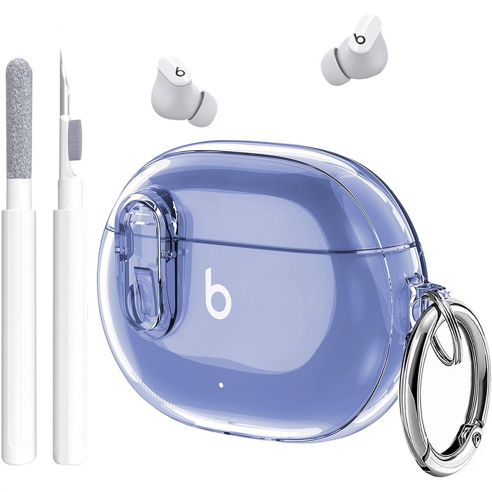 Beats Studio Buds/Buds Plus Case Cover Clear 2021/2023 Men Lock Clip with Clean Kit, GARTOO Protective Case and Cleaning Pen Compatible with Beat Studio Bud + for Women Girls Kids, Clear Blue