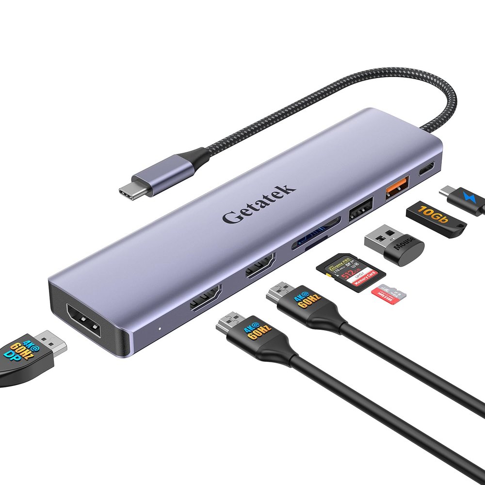 Getatek 10Gbps USB C Hub, USB-C Laptop Docking Station, 8in1 Triple Display Docking Station for Dell Hp Lenovo Surface Windows (Dual HDMI+ DisplayPort + PD3.0 100W +SD TF Card Reader +10GB USB Port)