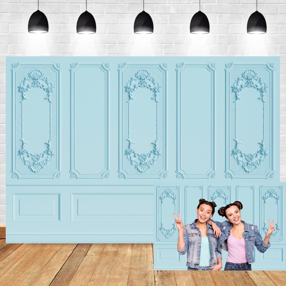 Leyiyi 15x10ft Light Blue Vintage Room Inside Backdrop European Frame Modern House French Castle Cementery Wall Retro Style Photo Background Cowboy Kids Birthday Portrait Studio Props Vinyl Wallpaper