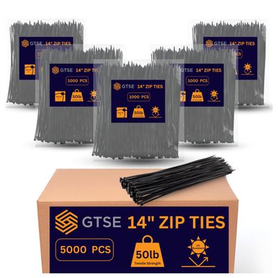 GTSE 14 inch Black Zip Ties, 5,000 Bulk Contractors Pack, 50lb Strength, UV Resistant Long Nylon Cable Ties, Self-Locking 14" Tie Wraps, Full Carton