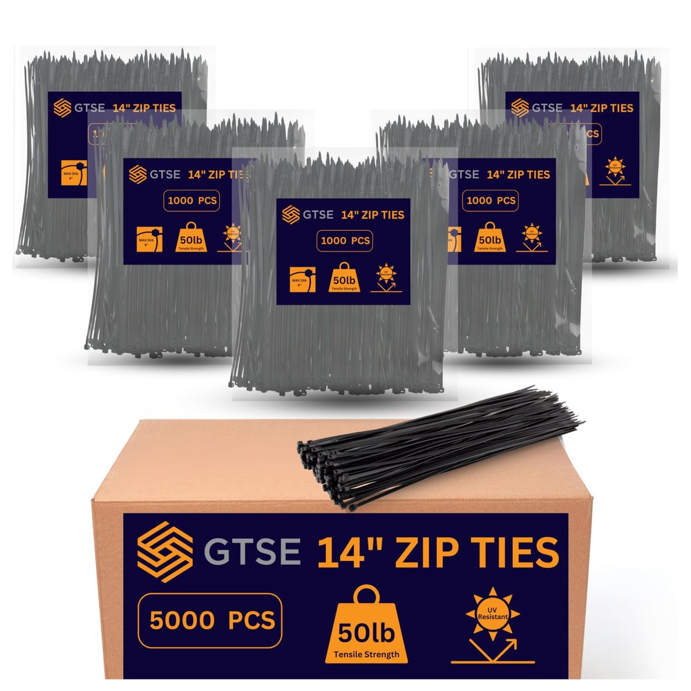 GTSE 14 inch Black Zip Ties, 5,000 Bulk Contractors Pack, 50lb Strength, UV Resistant Long Nylon Cable Ties, Self-Locking 14" Tie Wraps, Full Carton
