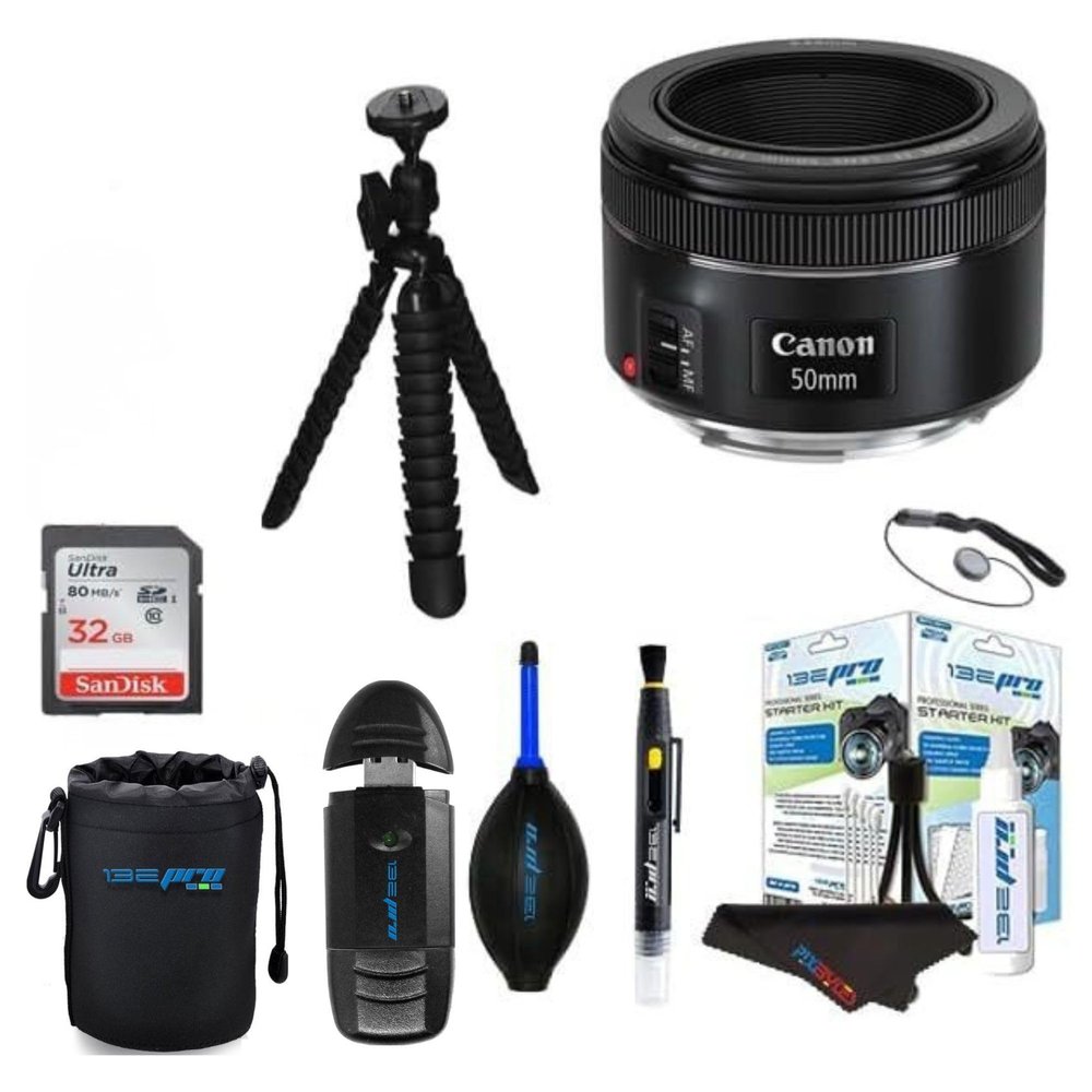 Canon EF 50mm f/1.8 STM Lens (Renewed) (Lens w/Pixibytes Basic Accessories Bundle)