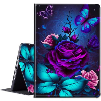 BPQOJB for Samsung Galaxy Tab A9 Case with Adjustable Stand & Auto Wake/Sleep Feature Smart Protect Cover Case for Samsung Galaxy Tab A9 8.7 inch 2023 - Purple Rose and Blue Butterfly