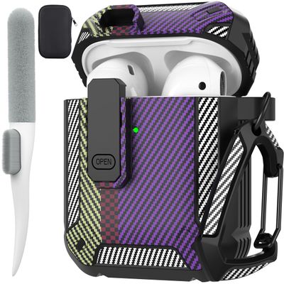 Maxjoy for AirPods 2nd Generation Case Cover, AirPods Case with Lock Gen 2 Hard Shell Shockproof Protective Cover with Keychain Cleaner Kit Compatible with Apple AirPods2 AirPods1, Carbon Fiber Purple