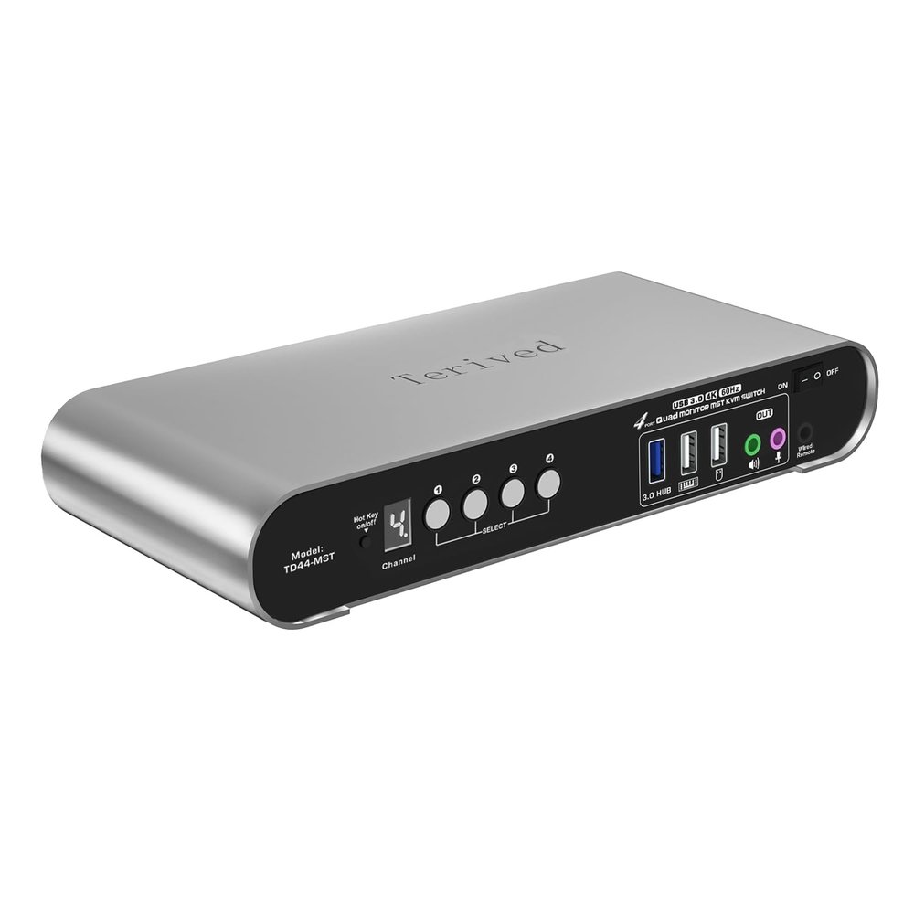 Terived 4 Computer 4 DP Monitors MST KVM Switch 4K@60Hz, DP MST USB 3.0 Quad Monitor, Hotkey and Wire Remote, Aluminum Shell, Digital Display, Audio/Mic, HDR10 with Cables (Windows)