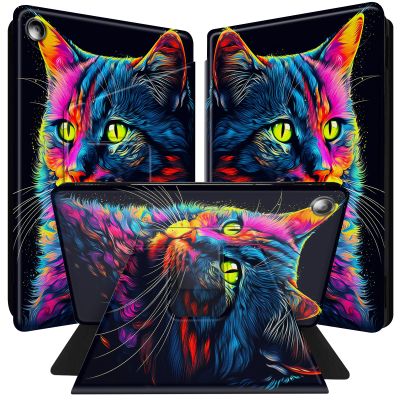 BPQOJB Case for All-New Fire HD 10 Tablet (13th Generation 10.1 inch 2023 Release) 360 Degree Rotating Stand Black PU Leather Smart Cover with Auto Wake/Sleep - Colorful Cat