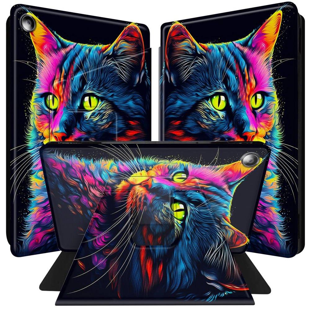 BPQOJB Case for All-New Fire HD 10 Tablet (13th Generation 10.1 inch 2023 Release) 360 Degree Rotating Stand Black PU Leather Smart Cover with Auto Wake/Sleep - Colorful Cat