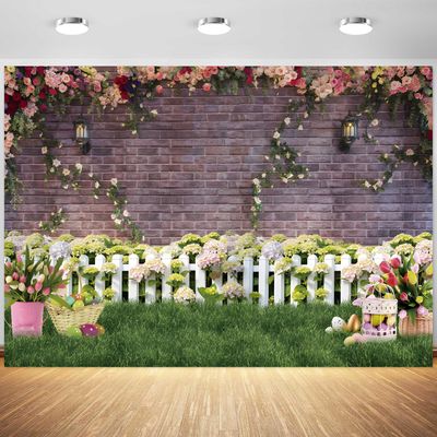 10x6.5ft Spring Easter Backdrop Flower Fence Rose Brick Wall Photography Background Kids Birthday Baby Shower Party Banner Decorations Supplies Photo Booth Props