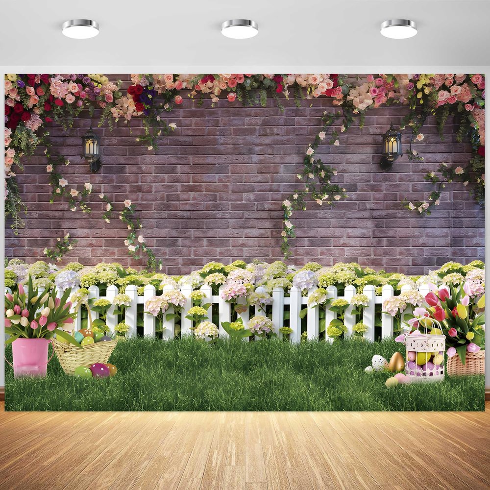 12x8ft Spring Easter Backdrop Flower Fence Rose Brick Wall Photography Background Kids Birthday Baby Shower Party Banner Decorations Supplies Photo Booth Props