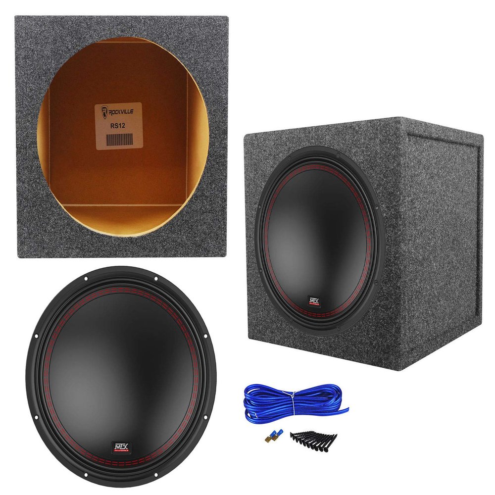 Audiosavings Bundle: MTX 5512-44 12" 800 Watt Peak/400 Watt RMS Car Subwoofer Bundle with Complete Single Sub Box Enclosure Kit + Rockville RS12 Single 12" Sealed Subwoofer Enclosure Box (3 Items)