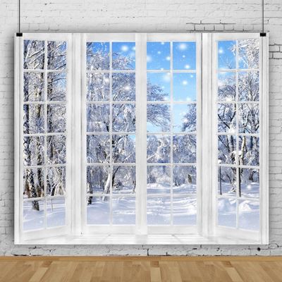 10x6.5ft Winter Backdrop Christmas Backdrops for Photography Window Snowy Wonderland New Year Background Family Gathering Party Banner Decorations Portrait Photo Booth Props