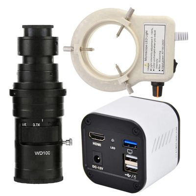 4K UHD 30fps HDMI USB Output Digital Industrial Microscope Camera & 200X C-Mount Lens Whit 56-LED Adjustable Ring Light