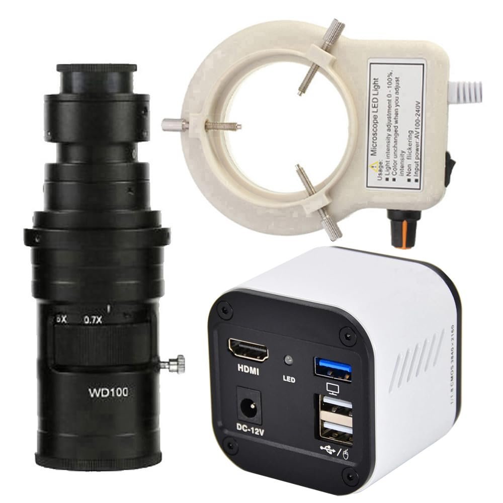 4K UHD 30fps HDMI USB Output Digital Industrial Microscope Camera & 200X C-Mount Lens Whit 56-LED Adjustable Ring Light
