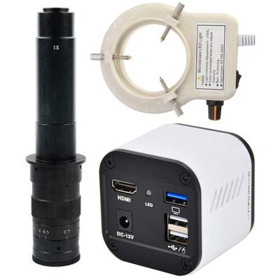 4K UHD 30fps HDMI USB Output Digital Industrial Microscope Camera & 300X C-Mount Lens Whit 56-LED Adjustable Ring Light