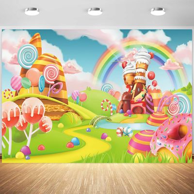 15x10ft Candyland Backdrop Cartoon Sweet Candy Donut Lollipop Rainbow Photography Background Kids Birthday Baby Shower Party Banner Decorations Supplies Photo Booth Props