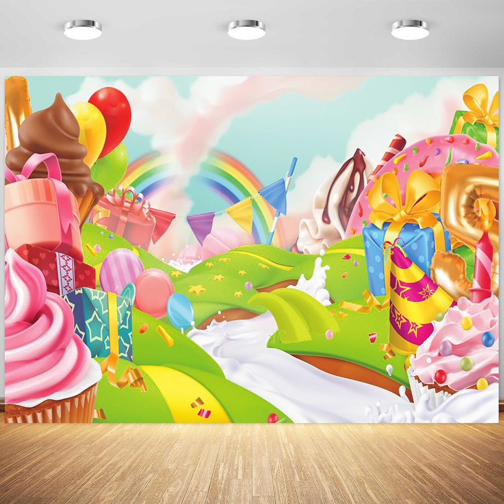 12x8ft Candyland Backdrop Cartoon Candy Sweet Cream Donut Photography Background Kids Rainbow Birthday Baby Shower Party Banner Decorations Supplies Photo Booth Props