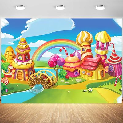 12x8ft Candyland Backdrop Cartoon Candy Town Lollipop Rainbow Photography Background Cake House Birthday Party Banner Decorations Supplies Photo Booth Props