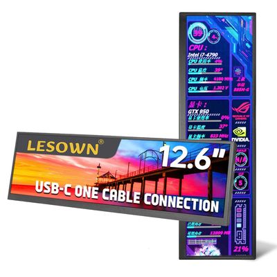 LESOWN 12.6 Inch PC Sensor Panel Temp Display Stretched Bar LCD Widescreen IPS 1920x515 USB C HDMI Computer Laptop Secondary Monitor for Aida64 with Stand & Stereo Speakers