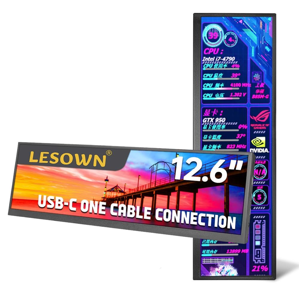 LESOWN 12.6 Inch PC Sensor Panel Temp Display Stretched Bar LCD Widescreen IPS 1920x515 USB C HDMI Computer Laptop Secondary Monitor for Aida64 with Stand & Stereo Speakers